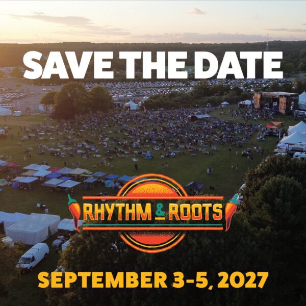 Rhythm & Roots festival: Save the date September 3-5, 2027. Aerial view of outdoor concert.