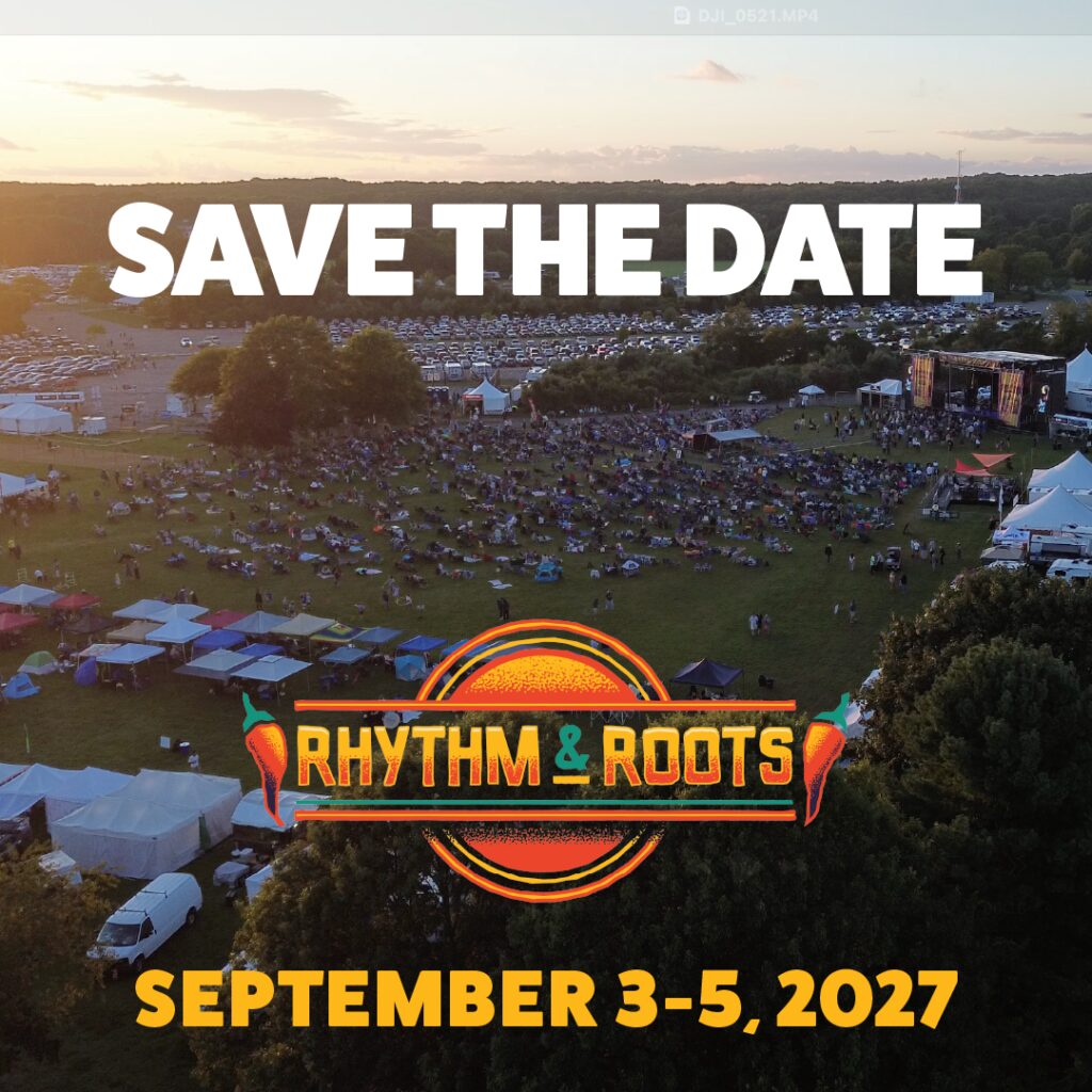 Rhythm & Roots festival "Save the Date" for September 3-5, 2027, with aerial view of stage and crowd.